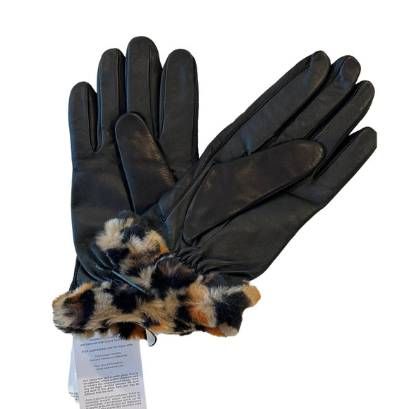 UGG Logo Leather & Faux Fur Cuff Gloves Small BLACK LEOPARD - Picture 6 of 11